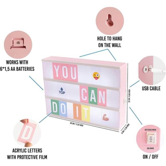 Pink Cinema Light Box with 400 Letters & Emojis & 2 Markers| Led Light Box Home - Picture 2 of 6